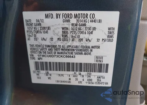 2012 Ford Escape Xlt из США, поврежденный, VIN 1FMCU0D73CKC66643